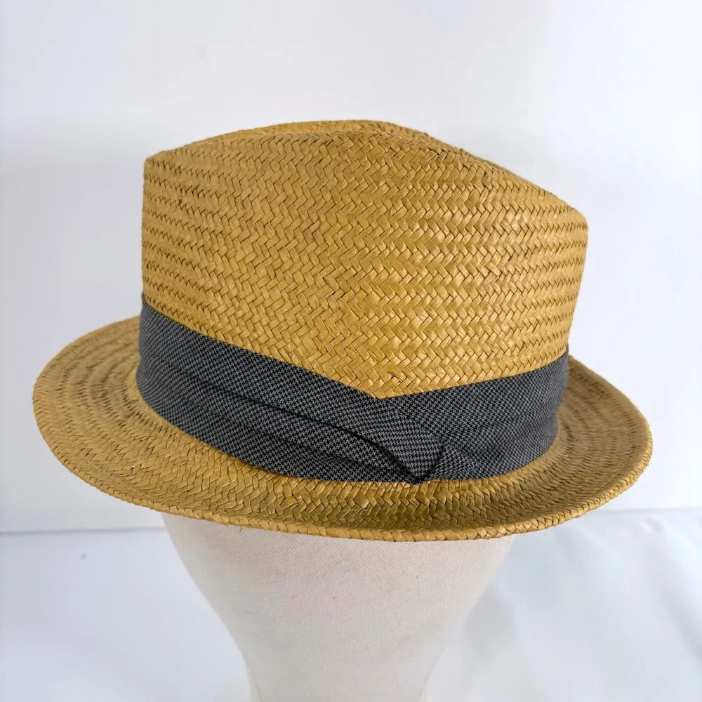 J.Crew Fedora Hat Tan Straw Grey Ribbon Band S/M Mens Summer Accessory
